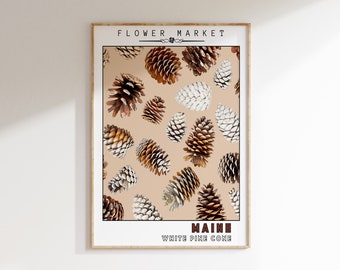 Maine State Flower Print | White Pine Cone Art | | PRINTABLE WALL ART | Flower Market Decor | Botanical Garden | Retro Poster