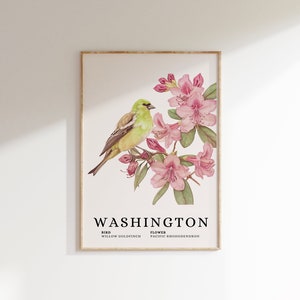 Washington State Bird & Flower Art Print: Willow Goldfinch, Rhododendron (Digital Download)