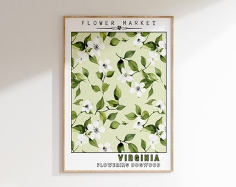 Virginia State Flower Print | Flowering Dogwood | PRINTABLE WALL ART | Flower Market Decor | Botanical Garden | Retro Poster