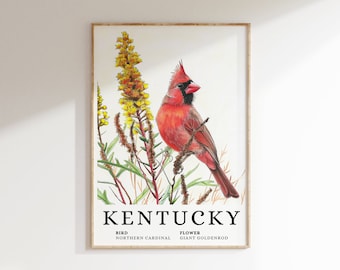 Kentucky Cardinal & Goldenrod Art Print: State Bird Flower (Digital Download)