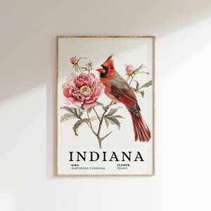 Impresión artística de cardenal norteño de Indiana y peonía (descarga digital)