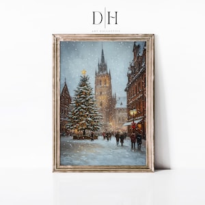 PRINTABLE Snowy Christmas Town Square Art | Festive Winter Scene with Decorated Tree | Holiday Wall Art | Cozy Winter Wonderland Painting