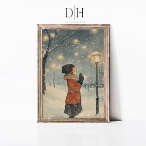 Whimsical Winter Girl Art Print | Watercolor Snowy Night Artwork | Christmas Wall Art | Vintage Winter Decor | Holiday Girl Digital Download