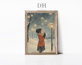 Winter Girl Watercolor Art Print | Snowy Night Scene (Digital Download)