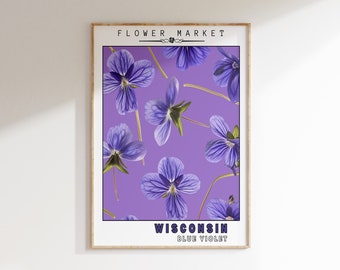 Impresión de flores del estado de Wisconsin / Arte violeta azul / ARTE DE PARED IMPRIMIBLE / Decoración de mercado de flores / Jardín botánico / Póster retro