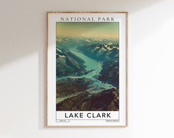 Cartaz de viagem do Parque Nacional do Lago Clark: Arte de parede minimalista (download digital)
