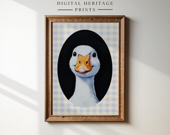 Impresión artística vintage de ganso sonriente / Arte de pared imprimible para guardería / Pintura de animales para habitación de bebé / Obra de arte de la naturaleza / Decoración de granja Descarga digital