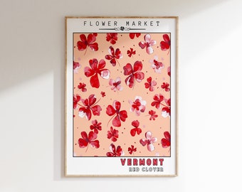 Vermont State Flower Print | Red Clover Art | PRINTABLE WALL ART | Flower Market Decor | Botanical Garden | Retro Poster