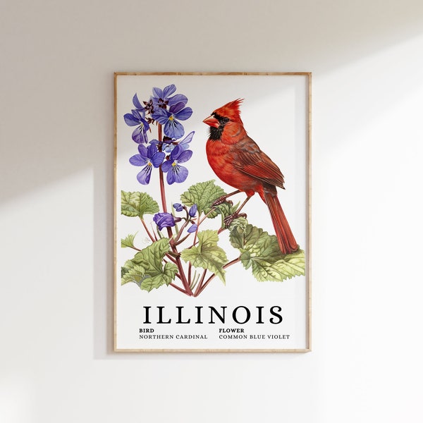 Art Print Illinois State Bird & Flower: kardinaal, blauwviolet (digitale download)