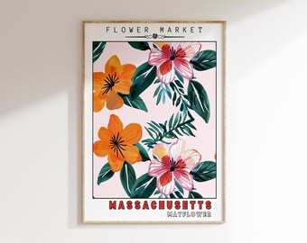 Massachusetts State Flower Print | Mayflower Art | PRINTABLE WALL ART | Flower Market Decor | Botanical Garden | Retro Poster