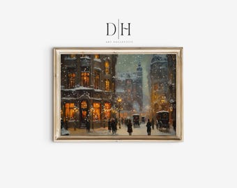 Victorian Christmas Cityscape Print | Antique Snowy Scene (Digital Download)