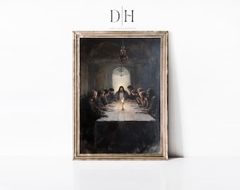 May include: A framed painting depicting a scene of the Last Supper. The painting is in a dark, muted colour palette and features a group of men seated around a table. The central figure is Jesus, with a halo around his head, and he is surrounded by his disciples. The painting is set in a dimly lit room, with a single candle illuminating the table.