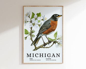 Michigan State Bird Robin and Apple Blossom Flower Digital Small Scale ...