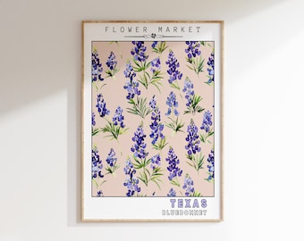 Texas State Flower Print | Blue Bonnet Art | PRINTABLE WALL ART | Flower Market Decor | Botanical Garden | Retro Poster