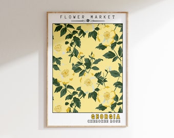 Georgia State Flower Print | Cherokee Rose Art | PRINTABLE WALL ART | Flower Market Decor | Botanical Garden | Retro Poster