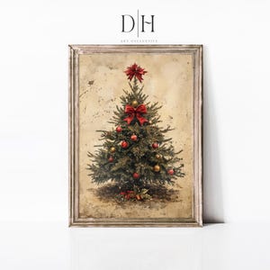 ヴィンテージ クリスマス ツリー アート プリント | 印刷可能なクリスマス ウォール アート | クリスマス ホリデー デコレーション | ムーディな常緑樹の絵画 | デジタル ダウンロード