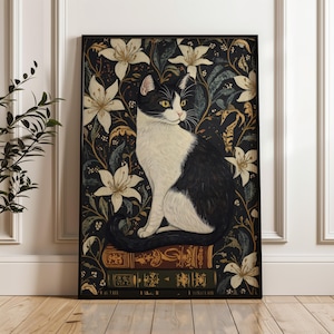 Impression d'art inspirée de William Morris | Décoration murale chat smoking | Oeuvre d'art pour animaux de compagnie | Salon Nature | Chambre Cottagecore | ART MURAL IMPRIMABLE