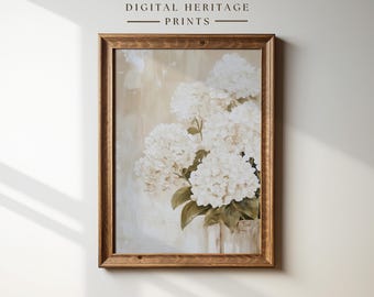 Vintage Hydrangeas Art Print: Neutral Floral Oil Painting (Printable)