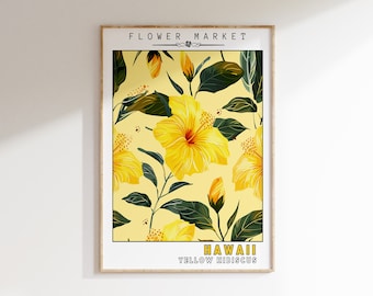Hawaii State Flower Print | Yellow Hibiscus Art | PRINTABLE WALL ART | Flower Market Decor | Botanical Garden | Retro Poster