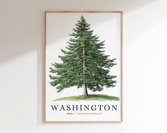 Trädtryck med delstaten Washington | Västra hemlockträd | Utskrivbar väggkonst i nordväst | Konst med statssymboler | Minimalistisk heminredning | Botanisk konst