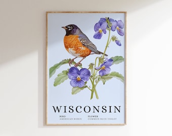 Impresión artística de petirrojo y violeta de Wisconsin: Flor del ave estatal (descarga digital)