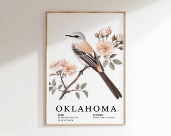 OKLAHOMA Scissor-Tailed Flycatcher State Bird and Camellia Art Print - flycatcher bird, rosa flower art, oklahoma print, oklahoma wall art