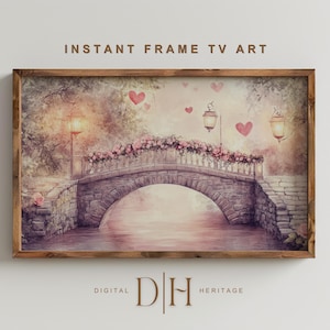 Vintage Valentine&#39;s Bridge Frame TV Art: Pink Hearts Landscape (Digital Download)