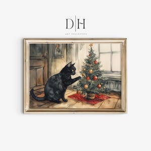 Black Cat Playing with Christmas Tree Art Print | PRINTABLE Xmas Cat Wall Art | Holiday Watercolor Painting | Digital Download