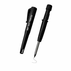 May include: A black retractable pen with a matching cap featuring a pocket clip and the white text ANY TEXT PRINTED. The pen body has a textured grip area and a metallic tip, with a thin black line drawn below the exposed nib of the pen.