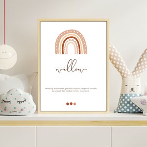 May include: A printable nursery art print with a rainbow design in shades of pink, orange, and brown. The print features the name "willow" and a definition of the name's meaning.