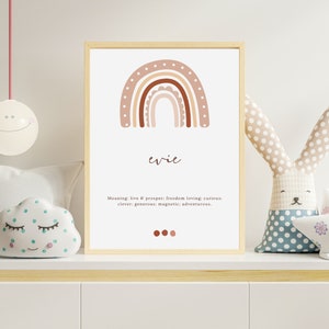 May include: A framed print featuring a rainbow illustration in shades of pink, brown, and white. The name "evie" is written beneath the rainbow, followed by the text "Meaning: live & prosper: freedom loving, curious, clever, generous, magnetic, adventurous."