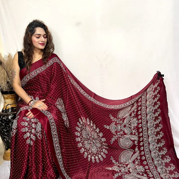 Sari modal en soie imprimé ajrakh nouveau design 6 couleurs