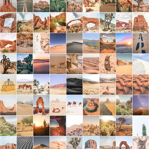 Puede incluir: Un collage de fotograf&iacute;as con paisajes des&eacute;rticos, arcos, cactus y camellos. Las im&aacute;genes muestran dunas de arena, formaciones rocosas y fauna, con una paleta de colores c&aacute;lidos y terrosos, evocando aventura.