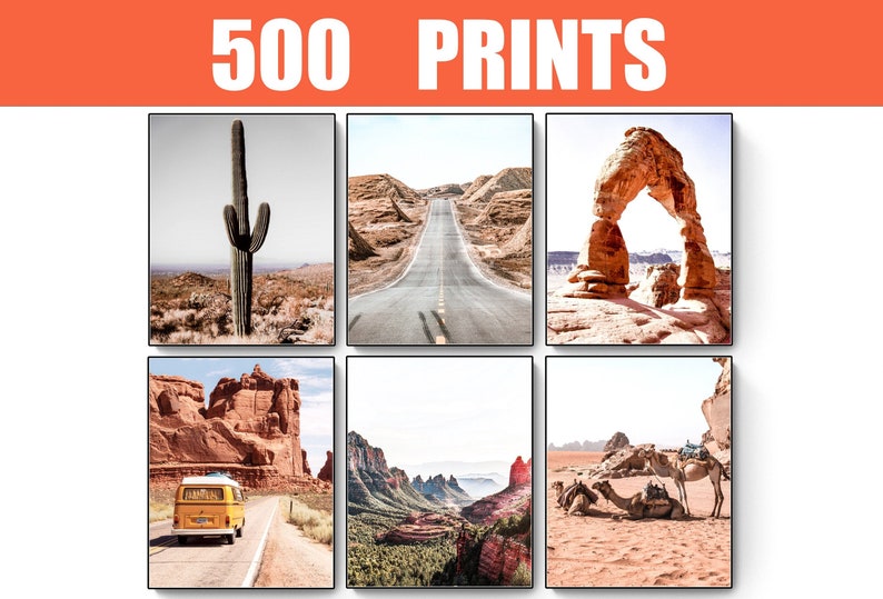 May include: Six framed prints featuring desert landscapes. The images include a tall cactus, a road through a desert, a rock arch, a yellow van on a desert road, a canyon view, and camels resting in the sand. The text "500 PRINTS" is at the top.