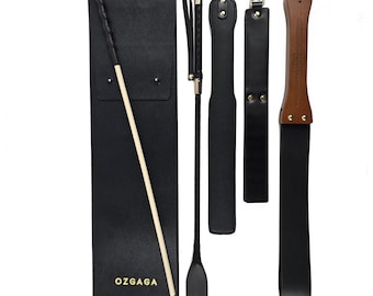 Deluxe BDSM Punisher Spanking Kit Value Bundle with FREE Leather Storage Bag | Spanking Paddle Riding Crop Cane Paddle Ruler | Mature 18+