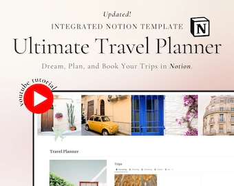 May include: A screenshot of a Notion template for travel planning. The template includes sections for upcoming trips, planning, dreaming, and visited trips. The template also includes a travel calendar.