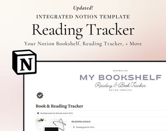 以下が含まれることがあります： 「Reading Tracker」というタイトルがスタイリッシュなフォントで表示された、読書トラッカーのデジタルテンプレート。本棚、読書目標、書籍追跡のセクションが含まれています。デザインはミニマルで、すっきりとしたレイアウトです。