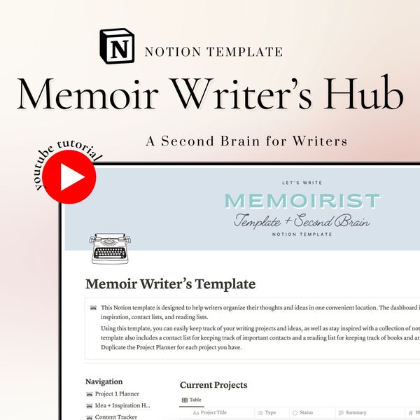 Memoir Writing Hub Notion Template Memoir Writers Second Brain Memoir Author Digital Book Planner Notion Template Creative Writing Planner