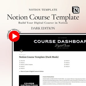 May include: A dark mode Notion template for creating a digital course. The template includes a course dashboard, instructions, and modules. The text "Notion Course Template (Dark Mode)" is visible at the top of the page.