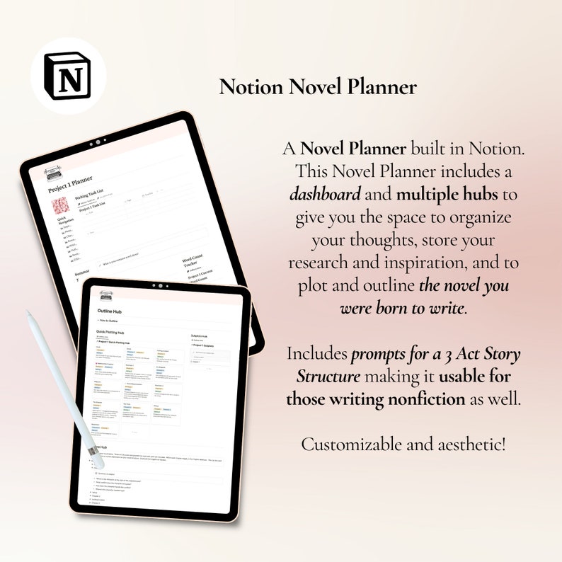 May include: A digital mockup of a Notion Novel Planner, a tool for organizing and outlining novels. The planner includes a dashboard and multiple hubs for storing thoughts, research, and inspiration. The text "Notion Novel Planner" is displayed at the top of the image.