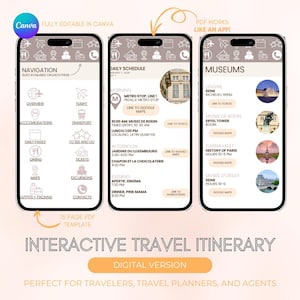 May include: A digital interactive travel itinerary template displayed on three smartphone screens. The screens show navigation, a daily schedule, and museum information. The template is fully editable in Canva and includes links to Google Maps and tickets.