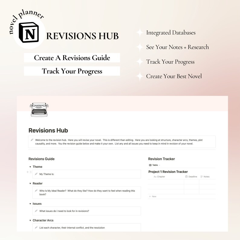 May include: A digital planner for novelists with a white background and black text. The planner includes sections for revisions, a revision guide, and a revision tracker. The text in the image reads "Revisions Hub", "Create A Revisions Guide", "Track Your Progress", "Integrated Databases", "See Your Notes + Research", "Track Your Progress", "Create Your Best Novel", "Welcome to the revision hub. Here you will revise your novel. This is different than editing. Here you are looking at structure, character arcs, themes, plot causality, and more. You the revision guide below and make it your own. List any and all issues you need to keep in mind in revision of your novel.", "Revisions Guide", "Theme", "My Theme Is", "Reader", "Who Is My Ideal Reader? What do they like? How do they want to feel when reading this book?", "Issues", "What issues do I need to look for in revisions?", "Character Arcs", "List each character, their internal conflict, and the resolution", "Revision Tracker", "Table", "Project 1 Revision Tracker", "As Chap", "Deadine", "Notes", "New".
