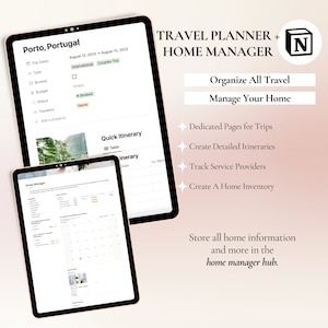 May include: A digital planner with a light pink background and a white screen. The screen shows a travel planner and home manager app with the text "TRAVEL PLANNER + HOME MANAGER" and a logo of the letter "N" in a square. The app features sections for organizing travel, creating itineraries, and managing home information.