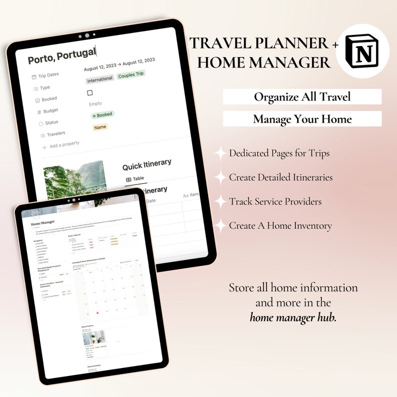 May include: A digital planner with a light pink background and a white screen. The screen shows a travel planner and home manager app with the text "TRAVEL PLANNER + HOME MANAGER" and a logo of the letter "N" in a square. The app features sections for organizing travel, creating itineraries, and managing home information.