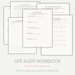 Op de afbeelding: Een stapel witte, afdrukbare PDF-pagina's met tekst, waaronder "Life Audit Workbook" en "Notice Your Life, Without Pressure". De pagina's bevatten secties voor zelfevaluatie, waaronder "Life Audit Overview" en "Energy Snapshot".