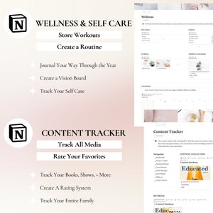May include: A pink and white digital planner with the text "Wellness & Self Care" and "Content Tracker" on the screen. The planner includes sections for tracking workouts, routines, habits, journals, calendars, and content.