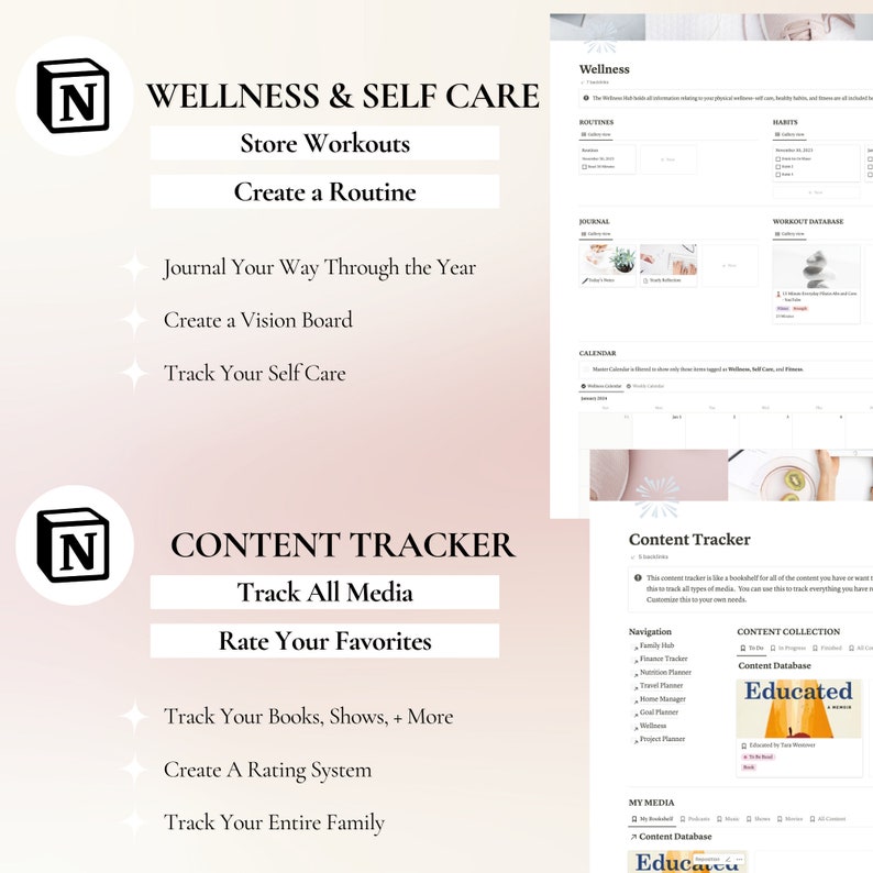 May include: A pink and white digital planner with the text "Wellness & Self Care" and "Content Tracker" on the screen. The planner includes sections for tracking workouts, routines, habits, journals, calendars, and content.