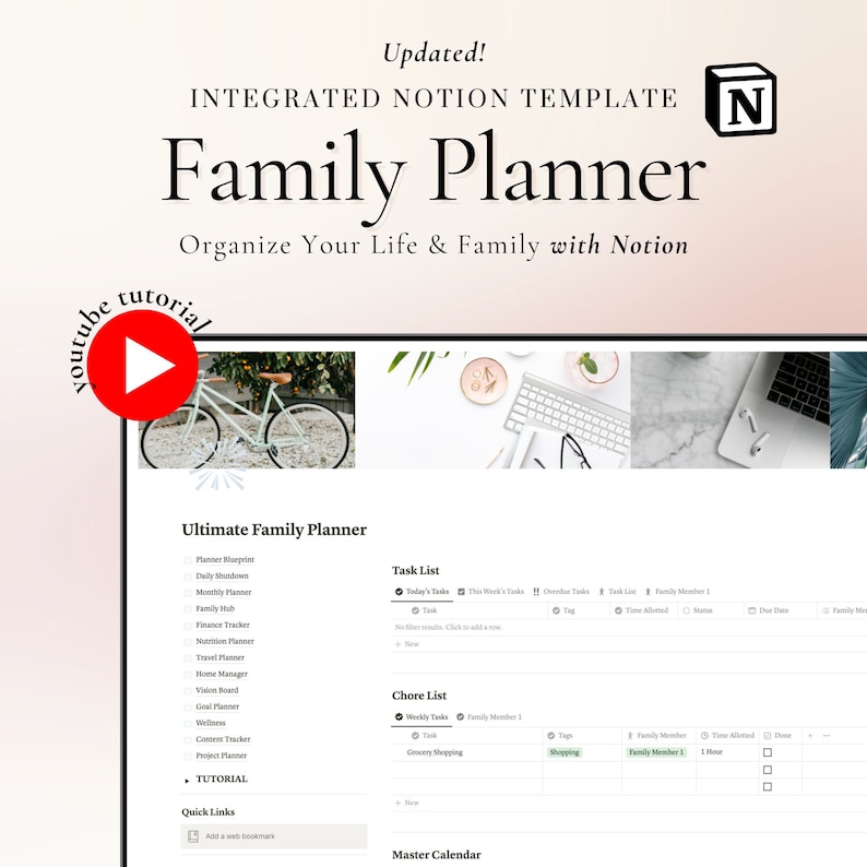 May include: A screenshot of a Notion template for a family planner. The template includes sections for a task list, chore list, and master calendar. The template is designed to help families organize their lives and schedules.