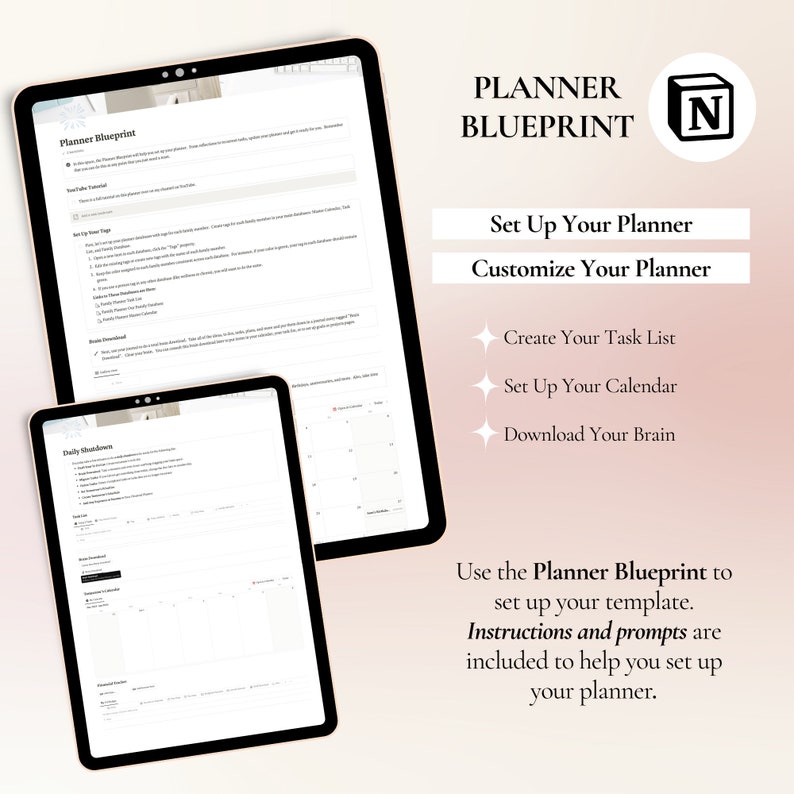 May include: A digital planner blueprint with instructions on how to set up a planner. The image shows two digital screens, one with a calendar and the other with a daily schedule. The text on the screen says "Planner Blueprint" and "Set Up Your Planner".