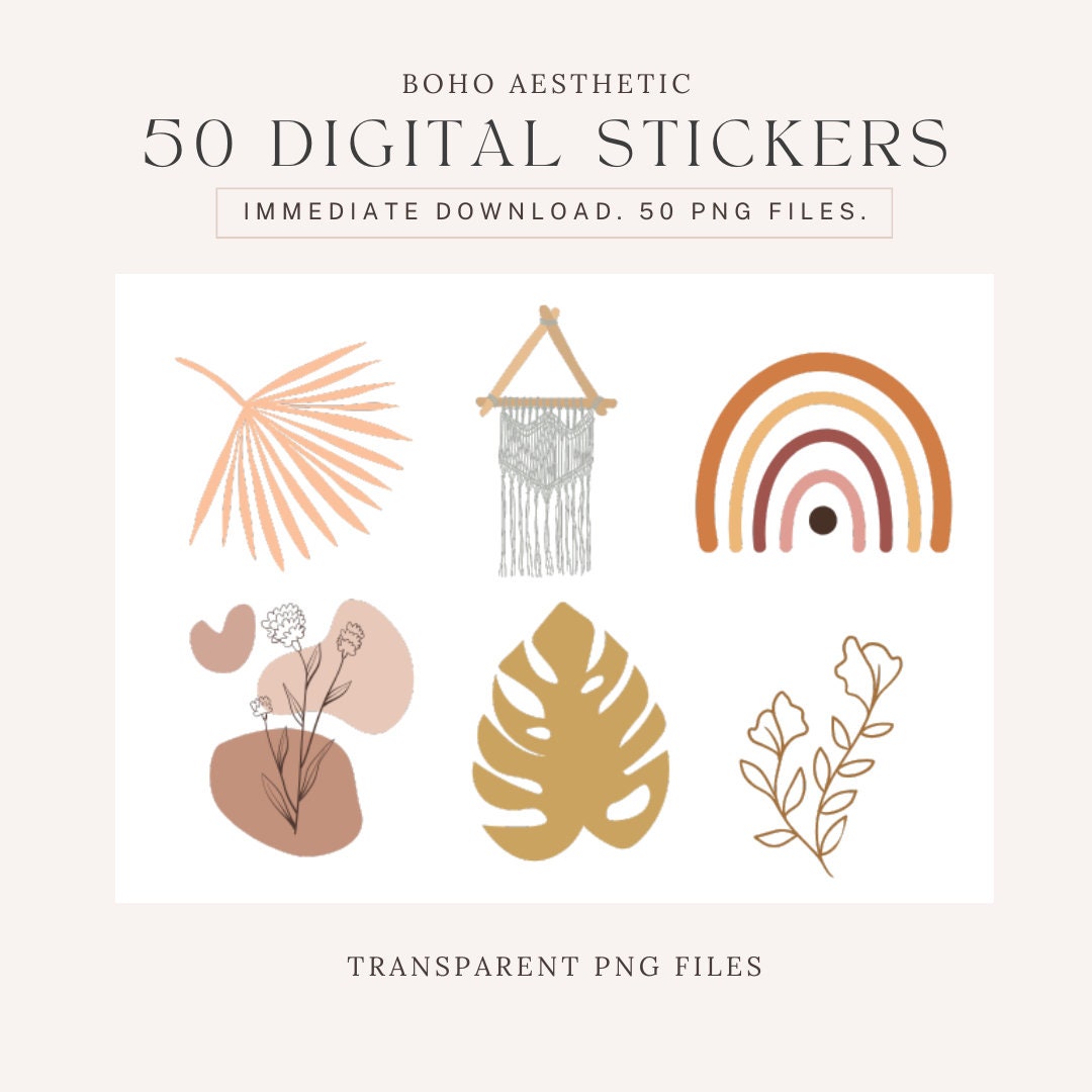 Boho Digital Sticker Set: Earthy Plants & Shapes (50 PNG Files) - Etsy